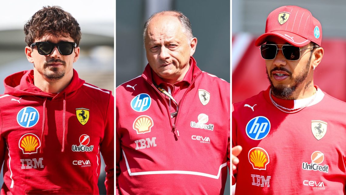 Ferrari driver Charles Leclerc walks through the 2025 F1 Japanese Grand Prix paddock, team principal Fred Vasseur arrives at the 2025 F1 Chinese Gr...