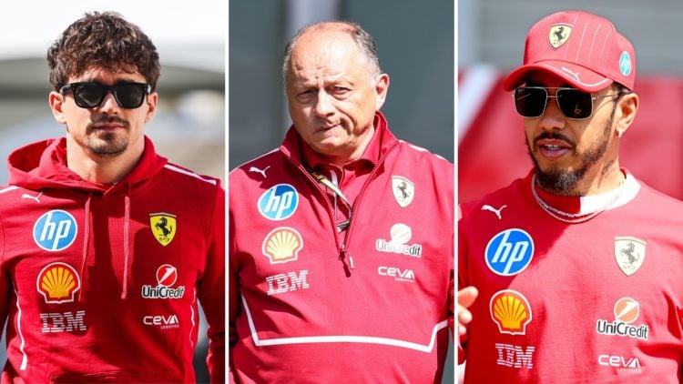Ferrari driver Charles Leclerc walks through the 2025 F1 Japanese Grand Prix paddock, team principal Fred Vasseur arrives at the 2025 F1 Chinese Gr...