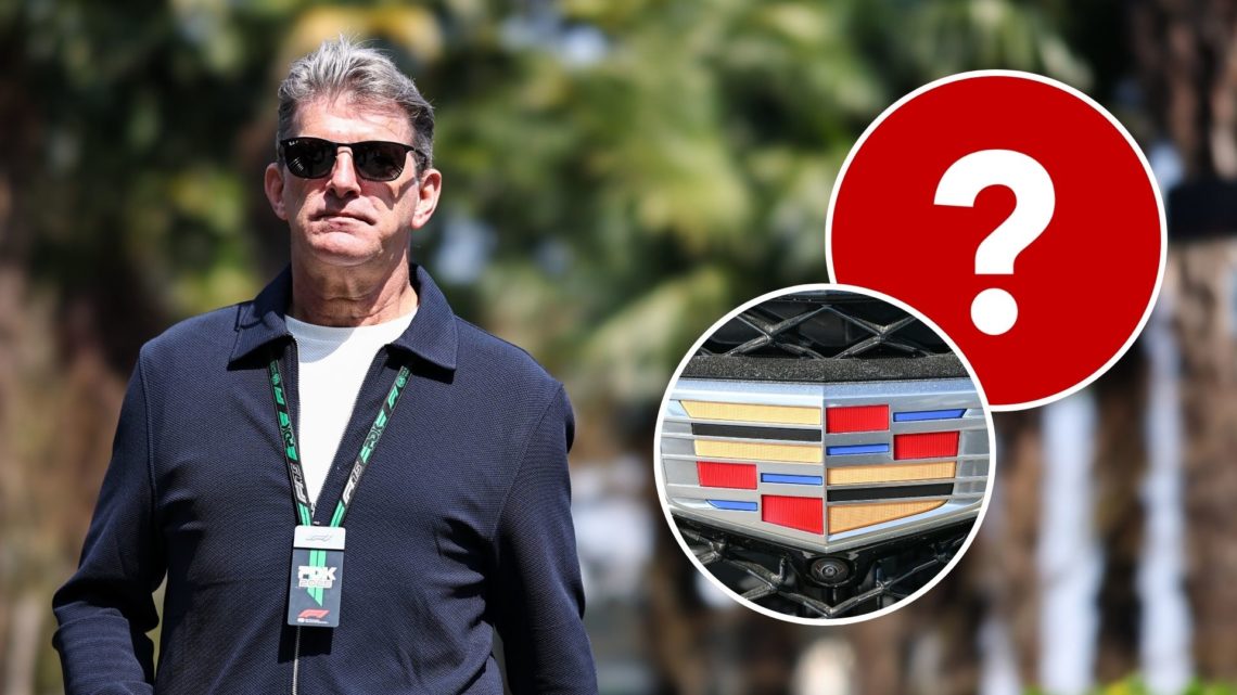 Graeme Lowdon looks on during the F1 Grand Prix of China at Shanghai International Circuit. Inset, the Cadillac badge and a question mark.