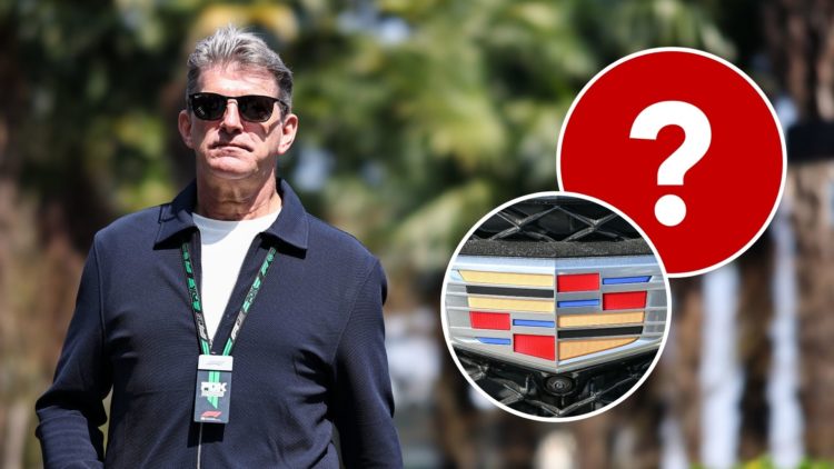 Graeme Lowdon looks on during the F1 Grand Prix of China at Shanghai International Circuit. Inset, the Cadillac badge and a question mark.
