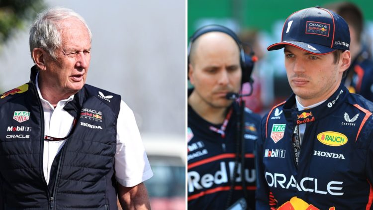 Red Bull motorsport advisor Helmut Marko arrives in the 2025 F1 Chinese Grand Prix paddock and driver Max Verstappen prepares on the grid ahead of ...