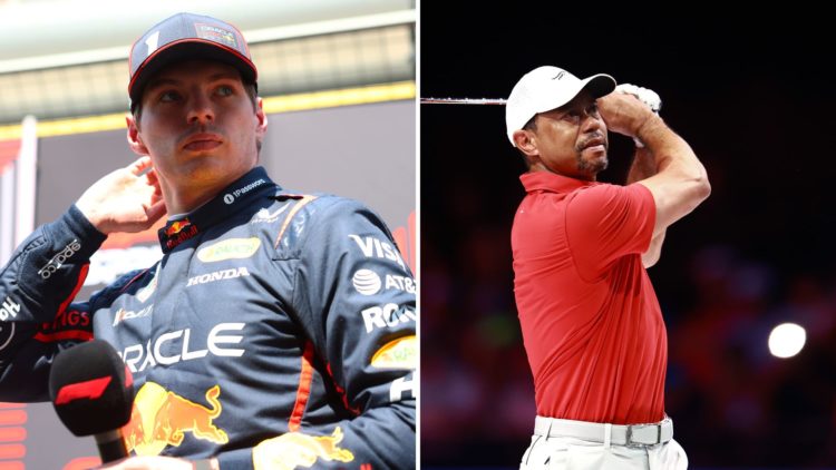 Split image of Red Bull driver Max Verstappen (L) speaking to the media at the Chinese Grand Prix. Tiger Woods (R) playing at TGL.