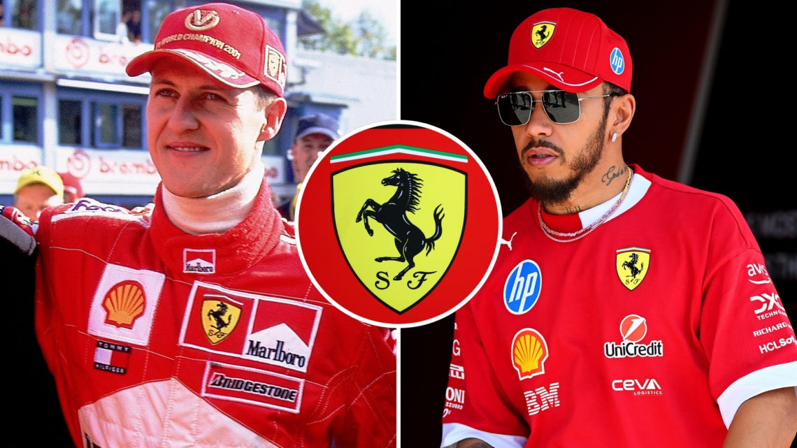 Split image of Ferrari driver Michael Schumacher of Germany during the Ferrari Challenge World Finals held in Monza, Italy and Lewis Hamilton of Gr...