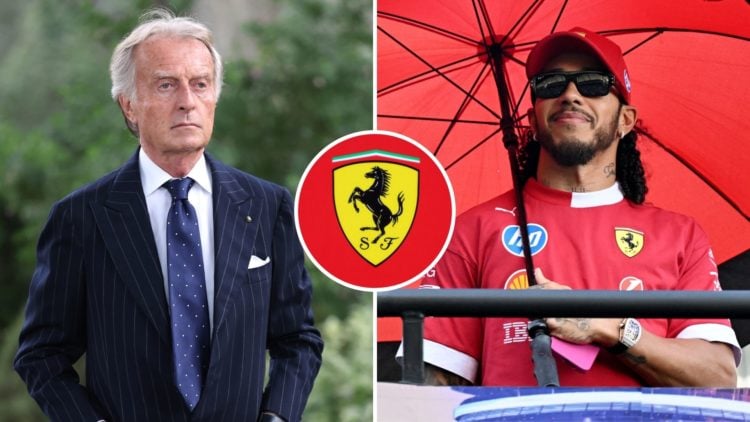 Split image of Luca di Montezemolo and Lewis Hamilton with an inset of a Ferrari badge.