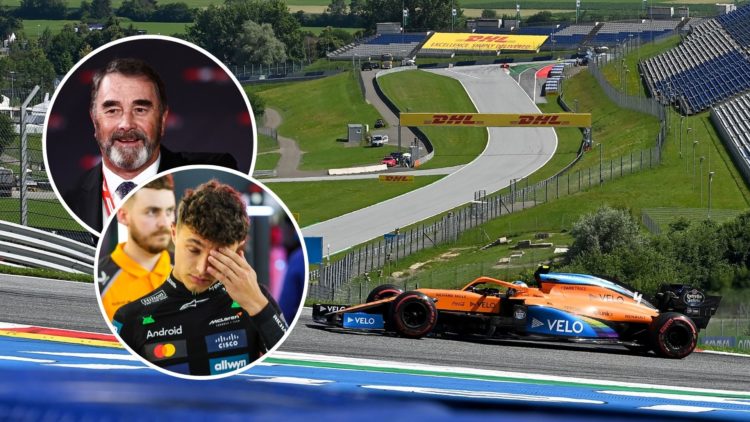 McLaren driver Lando Norris en route to first F1 podium in 2020 Austrian Grand Prix. Insets, Nigel Mansell arrives at F1 75 and Lando Norris reacts...