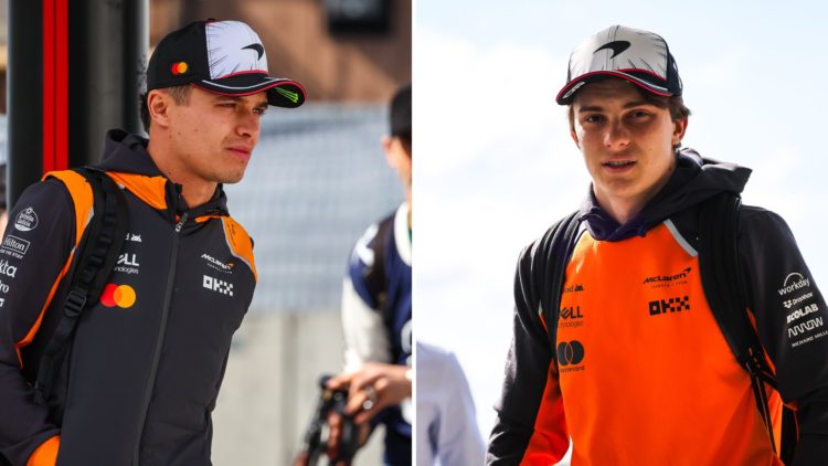 McLaren drivers Lando Norris and Oscar Piastri arrive in the 2025 F1 Japanese Grand Prix paddock at Suzuka.