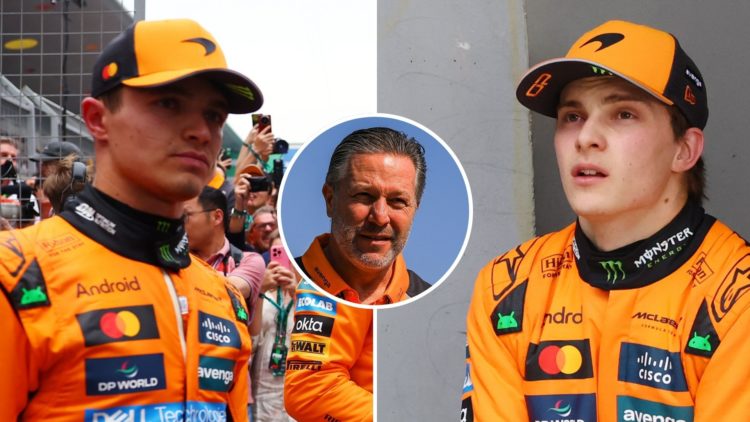 McLaren drivers Lando Norris and Oscar Piastri react after the 2025 F1 Chinese Grand Prix. Inset, McLaren CEO Zak Brown arrives in the Shanghai pad...