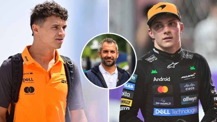 McLaren drivers Lando Norris arrives at the 2025 F1 Saudi Arabian Grand Prix and Oscar Piastri celebrates winning with an inset of Timo Glock