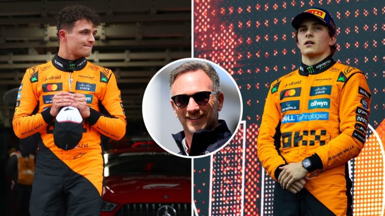 McLaren drivers Lando Norris and Oscar Piastri react after the 2025 F1 Japanese GP. Inset, Red Bull team principal Christian Horner looks on before...