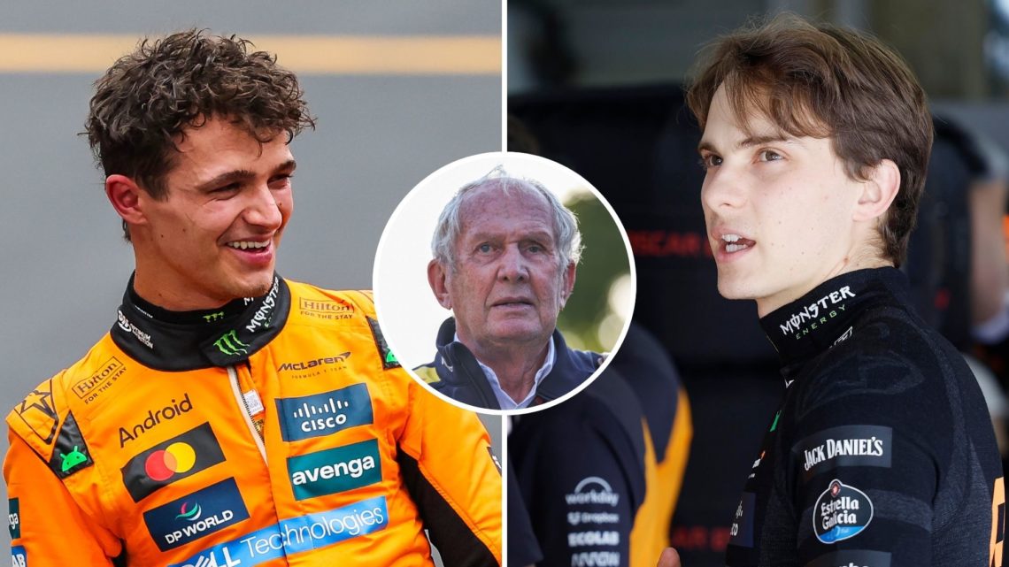 McLaren drivers Lando Norris celebrates after the 2025 F1 Chinese Grand Prix and Oscar Piastri reacts in the garage. Inset, Red Bull motorsport adv...