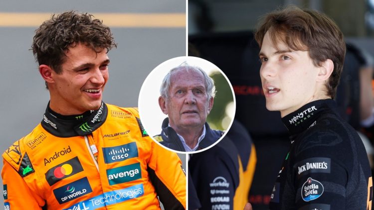 McLaren drivers Lando Norris celebrates after the 2025 F1 Chinese Grand Prix and Oscar Piastri reacts in the garage. Inset, Red Bull motorsport adv...