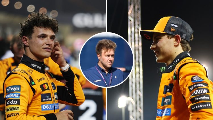 McLaren drivers Lando Norris and Oscar Piastri react after the 2025 F1 Bahrain Grand Prix. Inset, Davide Valsecchi in the 2022 Emilia Romagna GP pa...