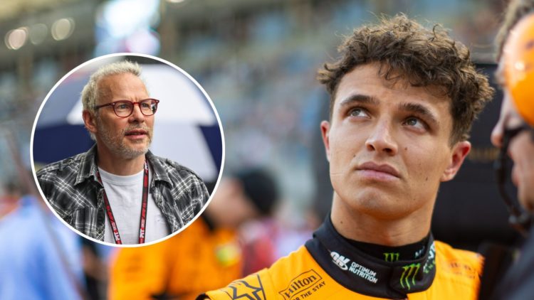 Lando Norris of Great Britain and McLaren speaks with his engineer in the pit lane during the F1 Grand Prix of Bahrain. Inset, Jacques Villeneueve.