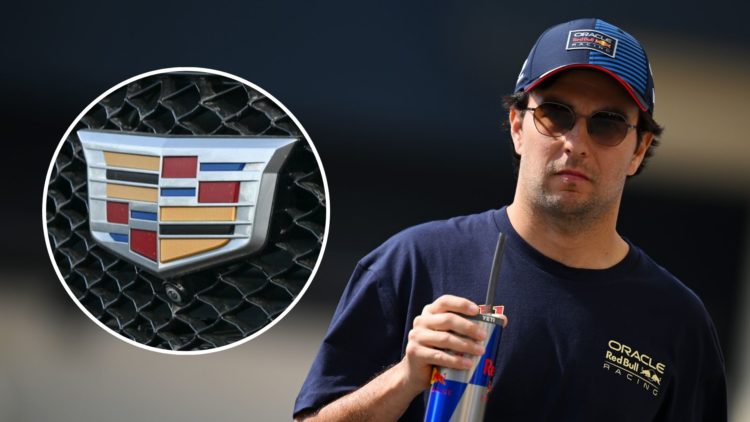 Red Bull driver Sergio Perez walks through the 2025 F1 Abu Dhabi Grand Prix paddock. Inset, the Cadillac logo on a car.