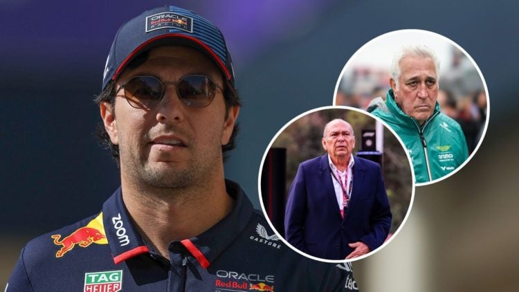 Image of Sergio Perez with insets of Lawrence Stroll and Antonio Perez Garabay