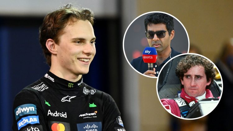 McLaren driver Oscar Piastri celebrates 2025 F1 Bahrain Grand Prix pole. Insets, Sky Sports pundit Karun Chandhok in Azerbaijan and McLaren legend ...