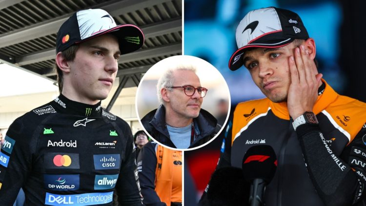 McLaren drivers Oscar Piastri reacts after practice for the 2025 F1 Japanese Grand Prix and Lando Norris speaks to media at Suzuka. Inset, 1997 F1 ...