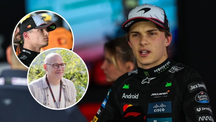McLaren driver Oscar Piastri talks to the media at the 2025 F1 Japanese Grand Prix. Insets, McLaren driver Lando Norris looks on during practice at...
