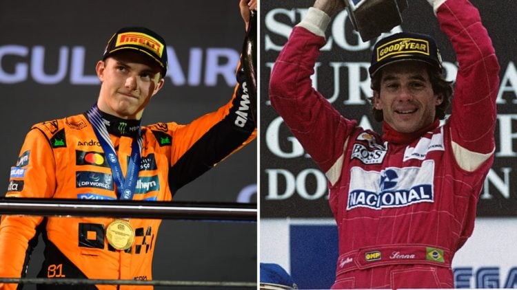 Ayrton Senna, McLaren-Ford MP4/8, Grand Prix of Europe, Donington, England, and Oscar Piastri of the McLaren F1 Team celebrates on the podium durin...
