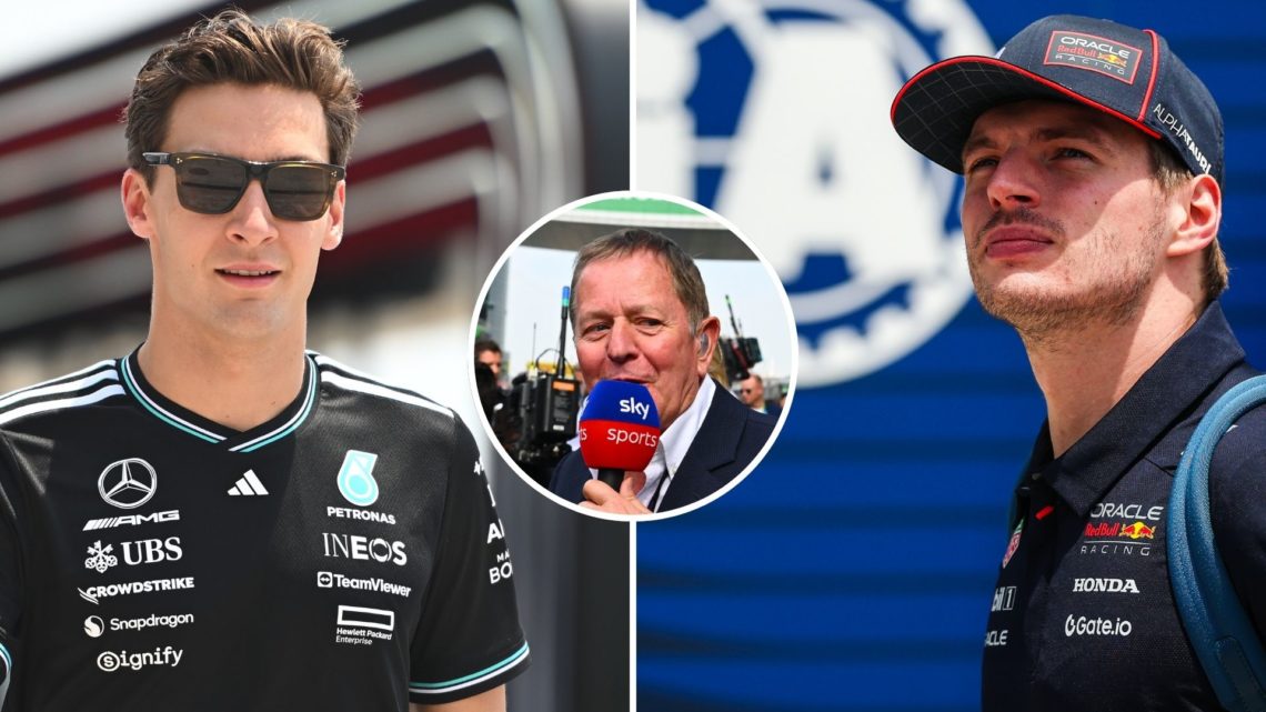 Mercedes and Red Bull drivers George Russell and Max Verstappen arrive in the 2025 F1 Saudi Arabian Grand Prix paddock. Inset, Sky Sports pundit Ma...