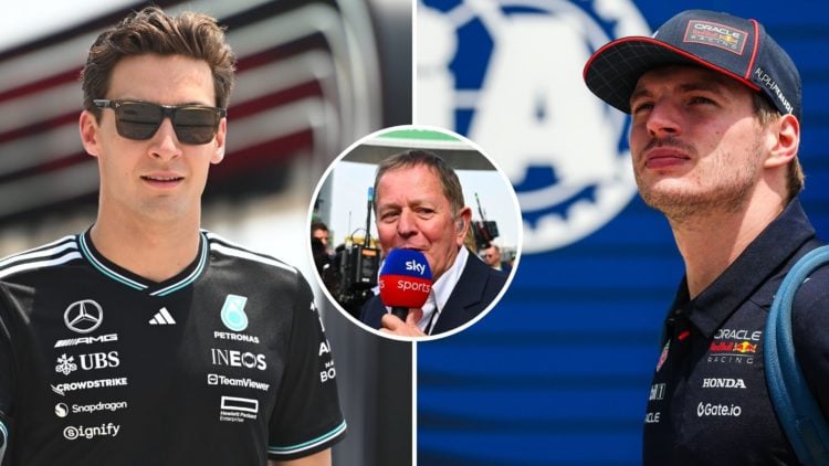 Mercedes and Red Bull drivers George Russell and Max Verstappen arrive in the 2025 F1 Saudi Arabian Grand Prix paddock. Inset, Sky Sports pundit Ma...