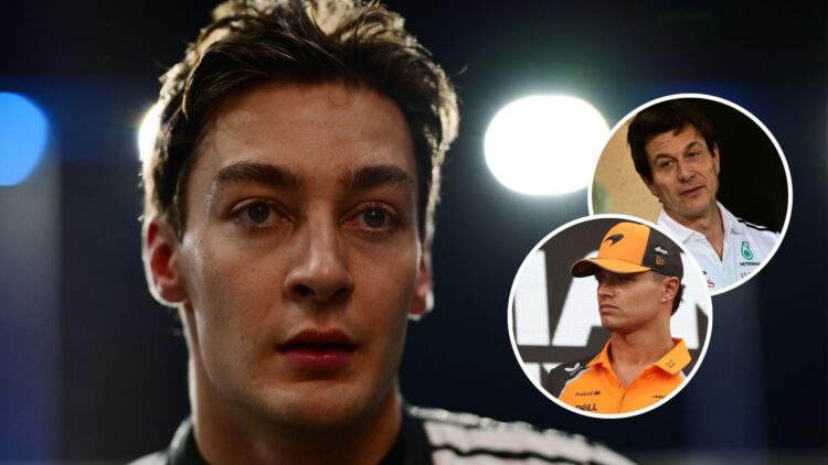 Mercedes driver George Russell reacts after qualifying for the 2025 F1 Saudi Arabian Grand Prix with insets of Toto Wolff and McLaren driver Lando ...