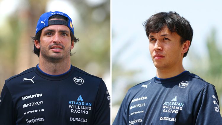 Williams drivers Carlos Sainz and Alex Albon walk through the 2025 F1 Bahrain Grand Prix paddock.