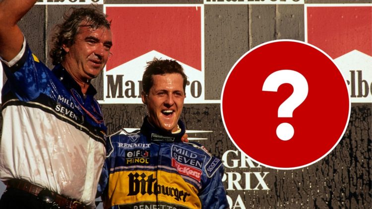 Michael Schumacher, Flavio Briatore, Pacific Grand Prix, TI circuit. Inset, a question mark.