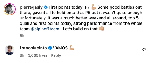 Franco Colapinto reacts to Pierre Gasly scoring points at the Bahrain Grand Prix