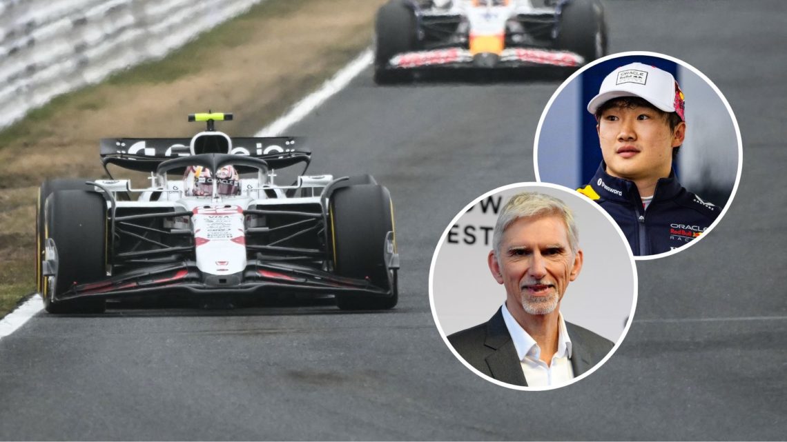 Red Bull Racing's Japanese driver Yuki Tsunoda (L) leads other drivers down the backstretch during the Formula One Japanese Grand Prix. Inset, Tsun...