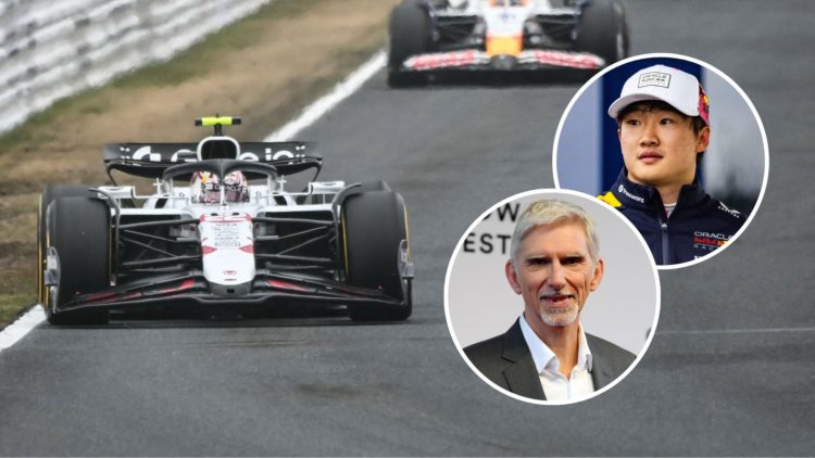 Red Bull Racing's Japanese driver Yuki Tsunoda (L) leads other drivers down the backstretch during the Formula One Japanese Grand Prix. Inset, Tsun...