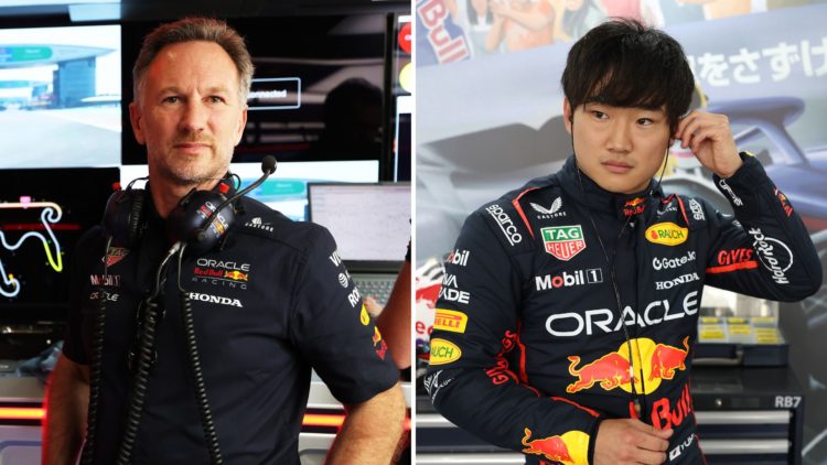 Split image as Yuki Tsunoda of Japan and Oracle Red Bull Racing prepares to drive, and Christian Horner, Team Principal of Oracle Red Bull Racing.