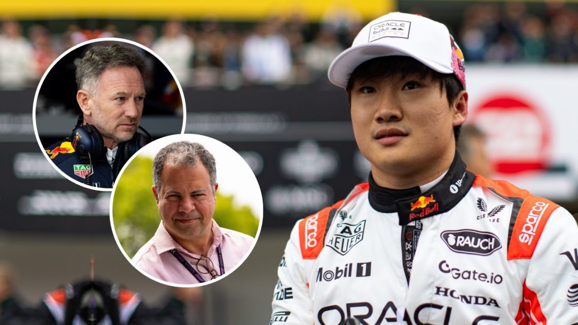 Yuki Tsunoda of Japan and Oracle Red Bull Racing speaks to the press in Parc ferme during the F1 Grand Prix of Japan. Inset, Christian Horner and T...
