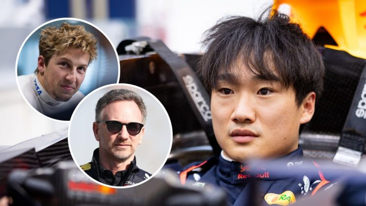 Yuki Tsunoda of Japan and Oracle Red Bull Racing has a seat fitting at Oracle Red Bull Racing Factory. Inset, Christian Horner and Liam Lawson.
