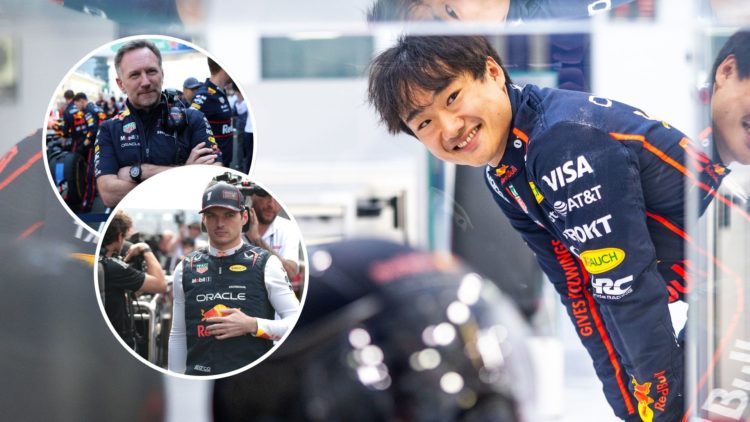 Red Bull driver Yuki Tsunoda visits their factory after promotion. Insets, Red Bull team principal Christian Horner and driver Max Verstappen on th...