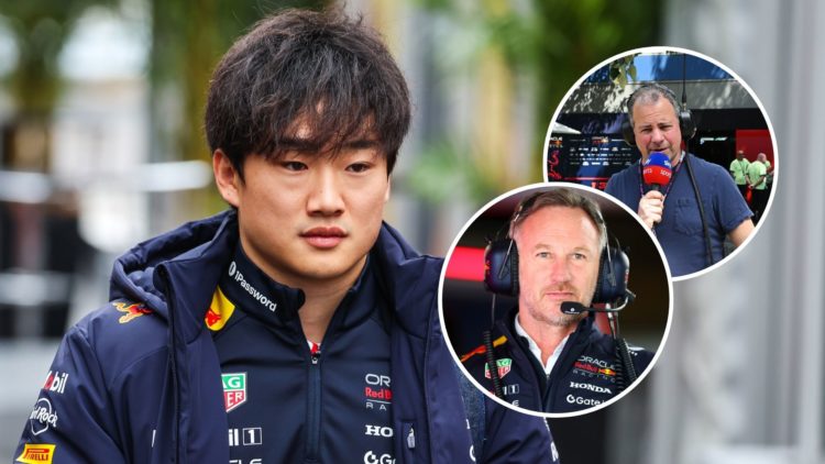 Image of Yuki Tsunoda during the Japanese Grand Prix with insets of Ted Kravitz and Christian Horner
