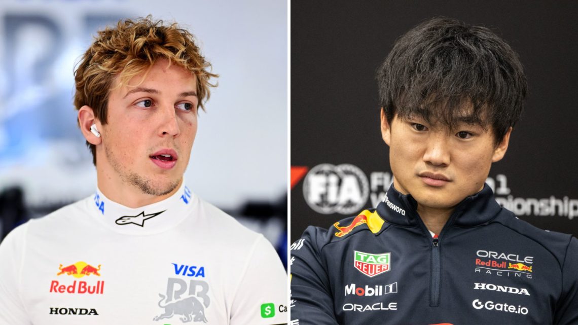 Split image as Liam Lawson of New Zealand and Visa Cash App Racing Bulls looks on in the garage during practice, and Yuki Tsunoda attends a press c...