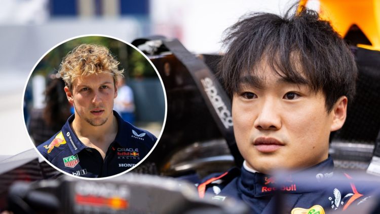 Red Bull driver Yuki Tsunoda has a seat fit for the Japanese Grand Prix. Inset, Liam Lawson in the 2025 F1 Chinese Grand Prix paddock.