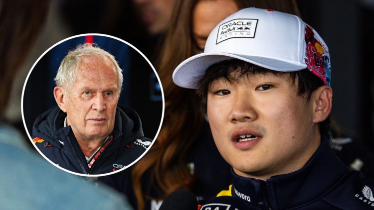 Red Bull driver Yuki Tsunoda speaks to the media after qualifying P15 for the 2025 F1 Japanese GP. Inset, Red Bull motorsport advisor Helmut Marko ...