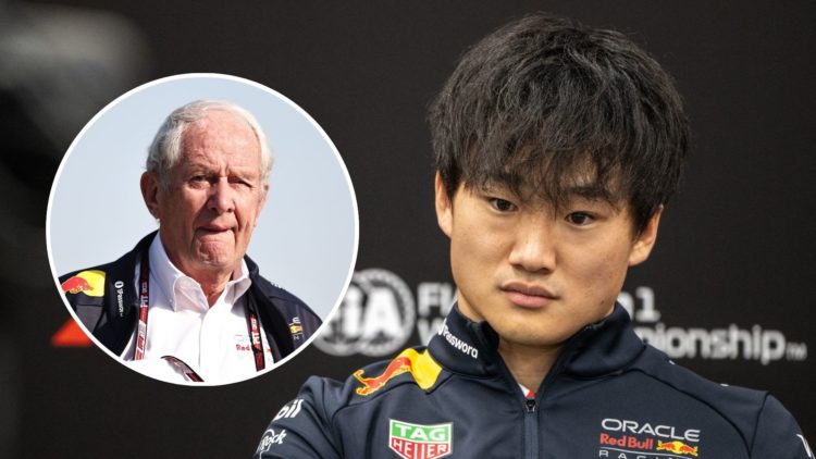 Red Bull driver Yuki Tsunoda speaks to the media at the 2025 F1 Japanese Grand Prix. Inset, Red Bull motorsport advisor Helmut Marko arrives in the...