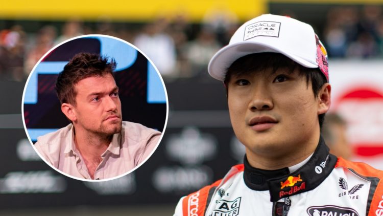 Red Bull driver Yuki Tsunoda reacts after the 2025 F1 Japanese Grand Prix. Inset, Jolyon Palmer at the 2018 F1 Esports Pro Series.