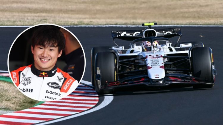 Red Bull Racing's Japanese driver Yuki Tsunoda drives during the second practice session of the Formula One Japanese Grand Prix. Inset, Tsunoda out...