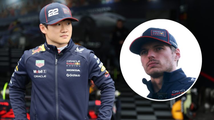 Red Bull driver Yuki Tsunoda prepares during a Tokyo show run. Inset, Red Bull driver Max Verstappen arrives at the 2025 F1 Chinese Grand Prix.