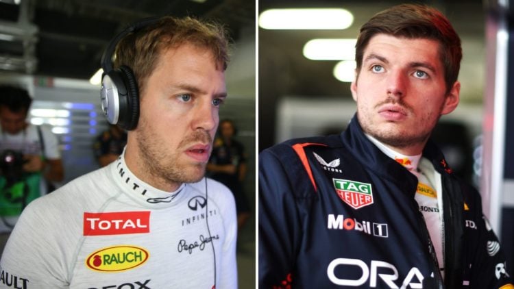 Split image of Sebastian Vettel (L) at the 2014 Japanese Grand Prix and Max Verstappen (R)
