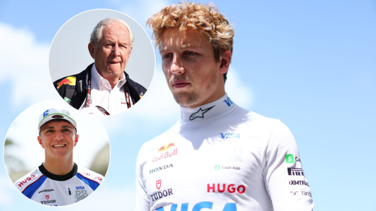 Liam Lawson at the 2025 Japanese Grand Prix, insets of Helmut Marko and Isack Hadjar