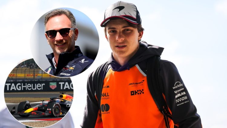 Oscar Piastri at the Japanese Grand Prix, insets of Max Verstappen and Christian Horner