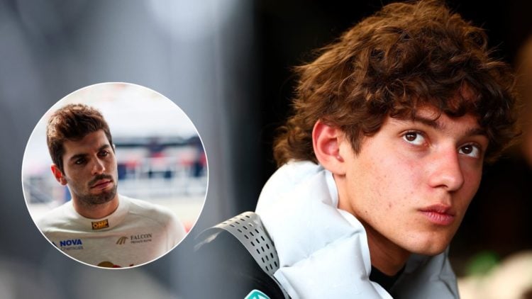 Mercedes driver Kimi Antonelli, inset of Jaime Alguersuari