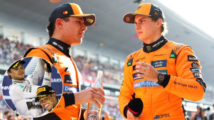 Lando Norris and Oscar Piastri at the 2025 Chinese Grand Prix, inset of Nico Rosberg and Lewis Hamilton