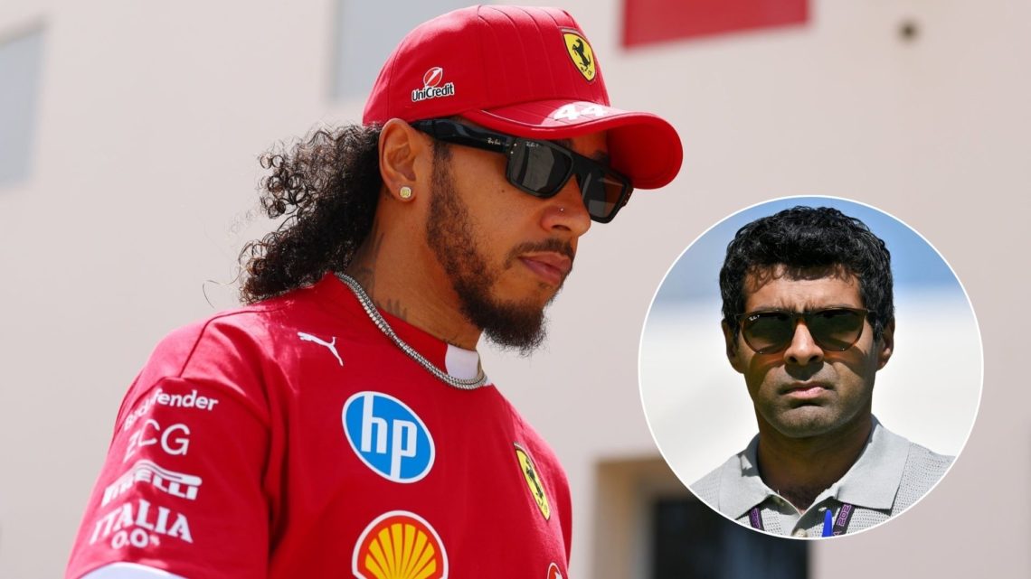 Lewis Hamilton pictured at the 2025 Bahrain Grand Prix, inset of Karun Chandhok
