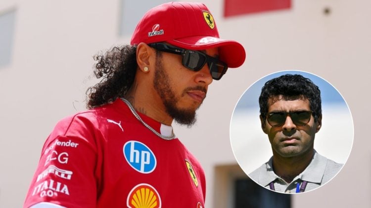 Lewis Hamilton pictured at the 2025 Bahrain Grand Prix, inset of Karun Chandhok
